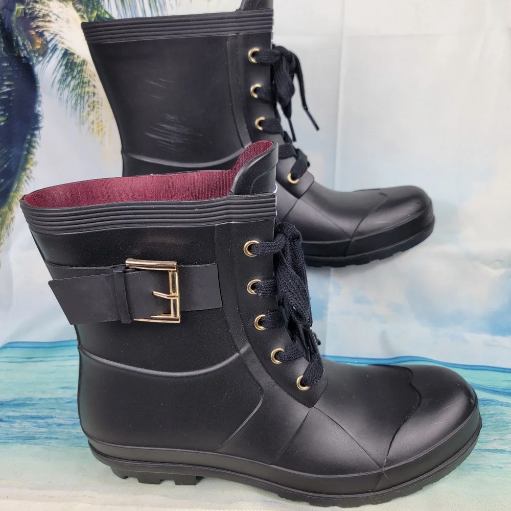 Tommy Hilfiger Rain Boots  Navy Blue Lace Up Rubber Womens 10